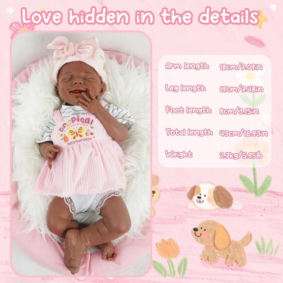 17.2in Full Silicone Non Vinyl Dark Brown Reborn Baby Dolls BOY Sleeping Doll - Picture 4 of 8